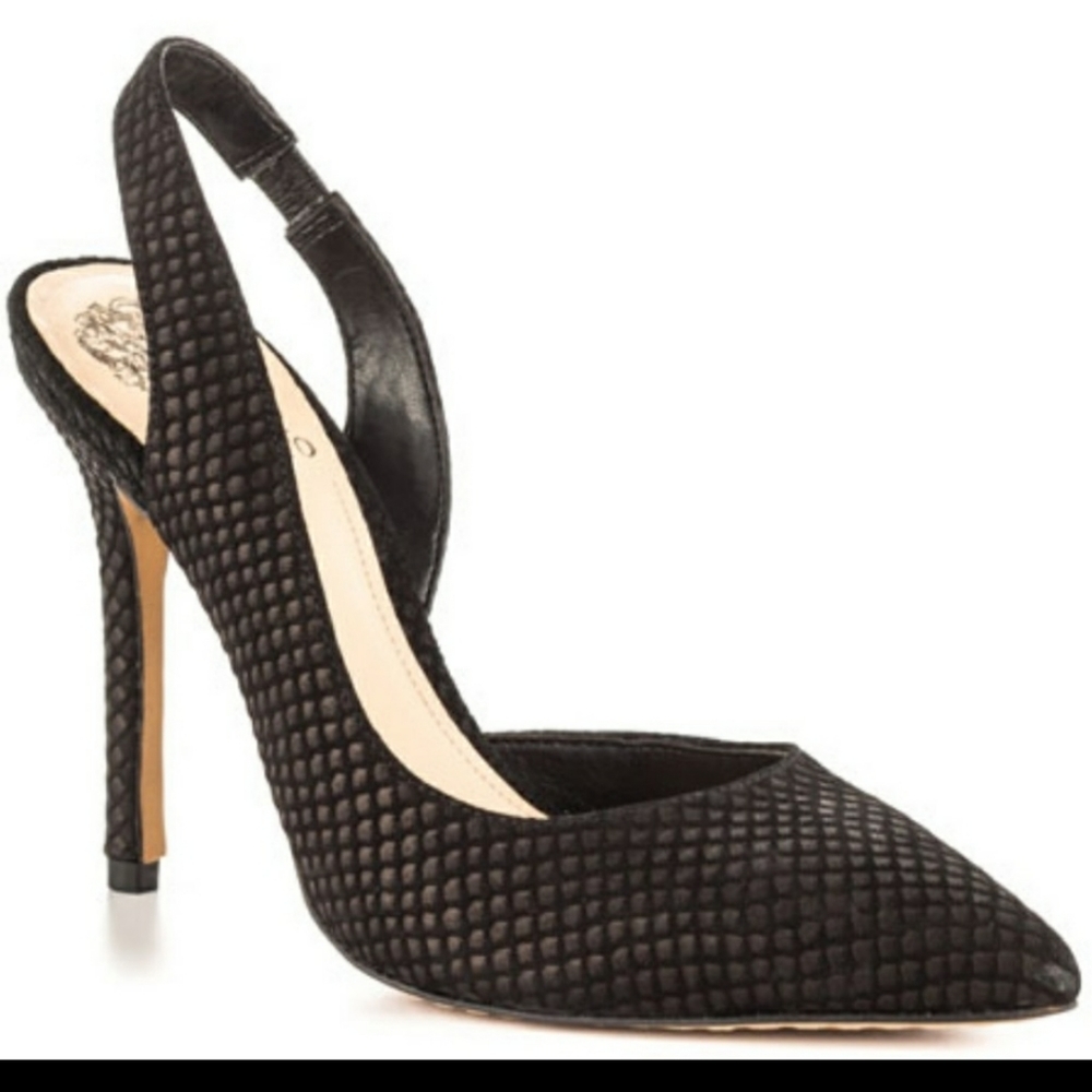 Vince Camuto |  Black snake printed leather pumps.